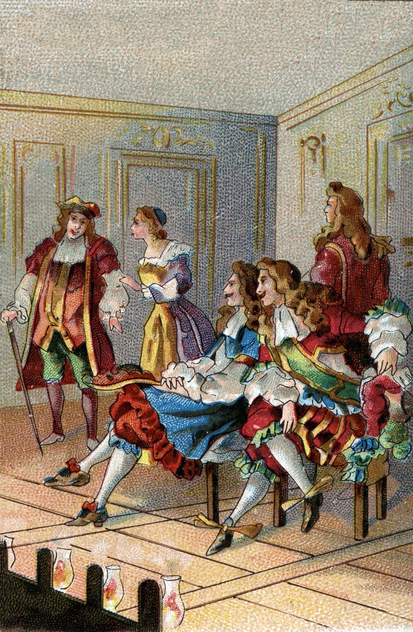 LE THÉÂTRE À TRAVERS LES ÂGES : Une représentation sous Louis XIV. Les spectateurs marqués assistent à la représentation sur scène, près des acteurs. - Unknown Artist