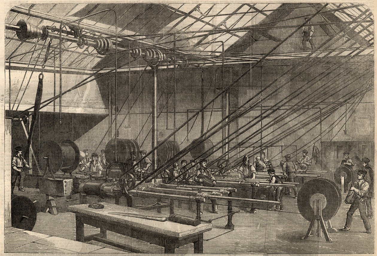Télégraphie : fabrication du câble transatlantique. Machines enrobant le câble en gutta-percha dans l