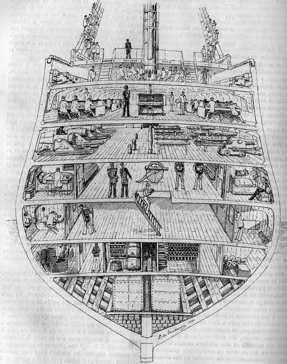 Le « Borda » : coupe transversale du bateau. Dessin de M. L. de Saussure. Gravure dans « Le Journal de la Jeunesse » - Unknown artist