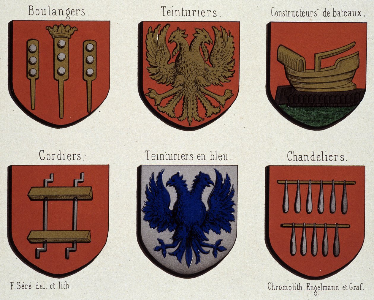 Les armoiries de Gand (Exemple des armoiries du Moyen Âge) : Boulangers, Teinturiers, Constructeurs de bateaux, Cordiers, Teinturiers en bleu, Chandeliers - Unknown artist