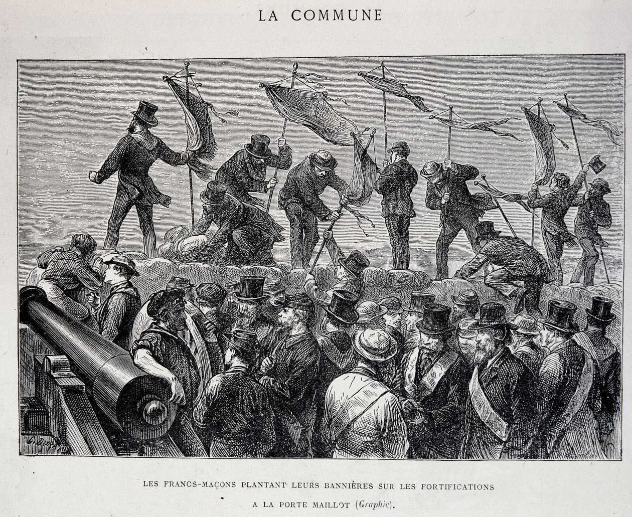 La Commune : Les francs-maçons plantant leurs bannières sur les fortifications à Porte Maillot (1871) - gravure - Unknown artist