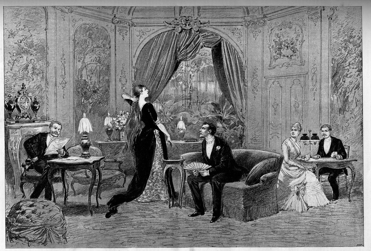 Le comte de Riverolles, Francine, Stanislas de Grandredon, Thérèse Smith et Henri de Simeux, personnages de la pièce « Francillon », comédie d