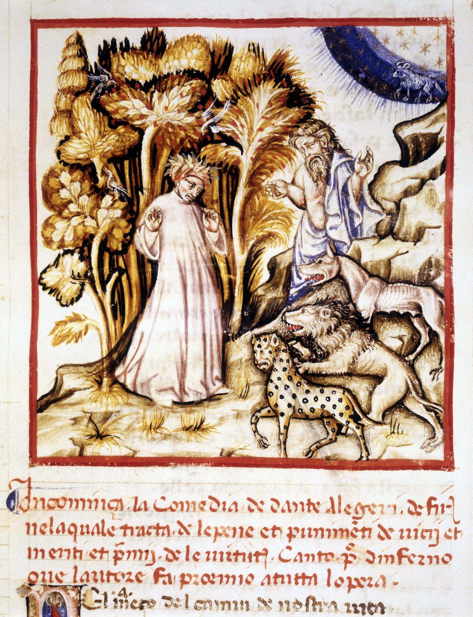 La Divine Comédie de Dante Alighieri. Miniature représentant Dante, Virgile et les trois bêtes. Manuscrit du 14ème siècle. Bibliothèque municipale de Rimini. - Unknown artist