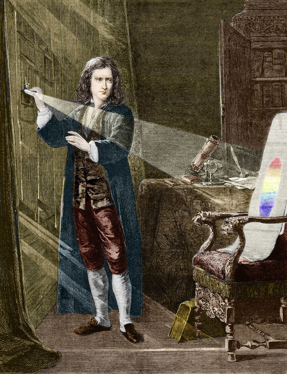 Le physicien anglais Isaac Newton (1642-1727) décomposant la lumière avec un prisme de verre. Gravure de 1880 - Unknown artist