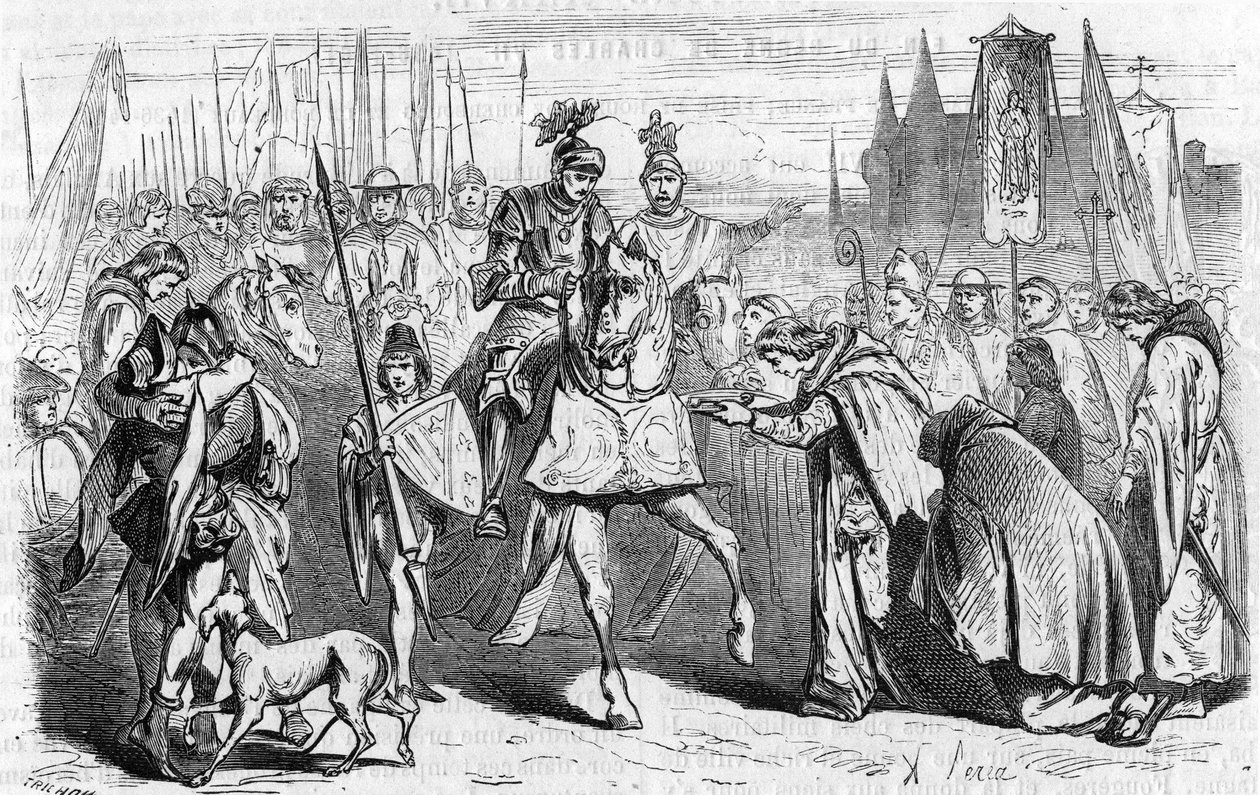 Les Français se rendent à Bordeaux le 23 juin 1451 sous Charles VII, fin de la reconquête contre les Anglais. Gravure du 19ème siècle - Unknown artist