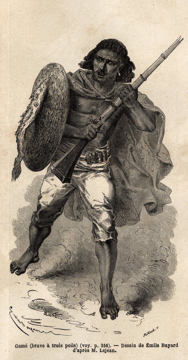Le Jeu, ou brave à trois poils, soldat abyssinien armé. Gravure pour illustrer le voyage en Abyssinie, en 1862 par Guillaume Lejean, dans Le tour du monde, nouveau journal des voyages publié sous la direction d