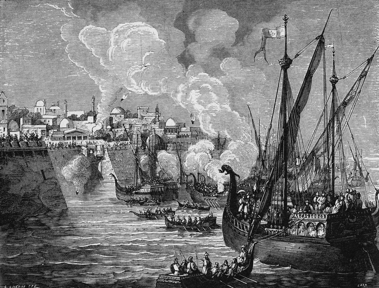 Le feu grégeois utilisé par les assiégeants et les assiégés lors du siège de Constantinople par Muhammad II en 1453. Dans "Album de la Science", Éditions Jouvet. - Unknown artist