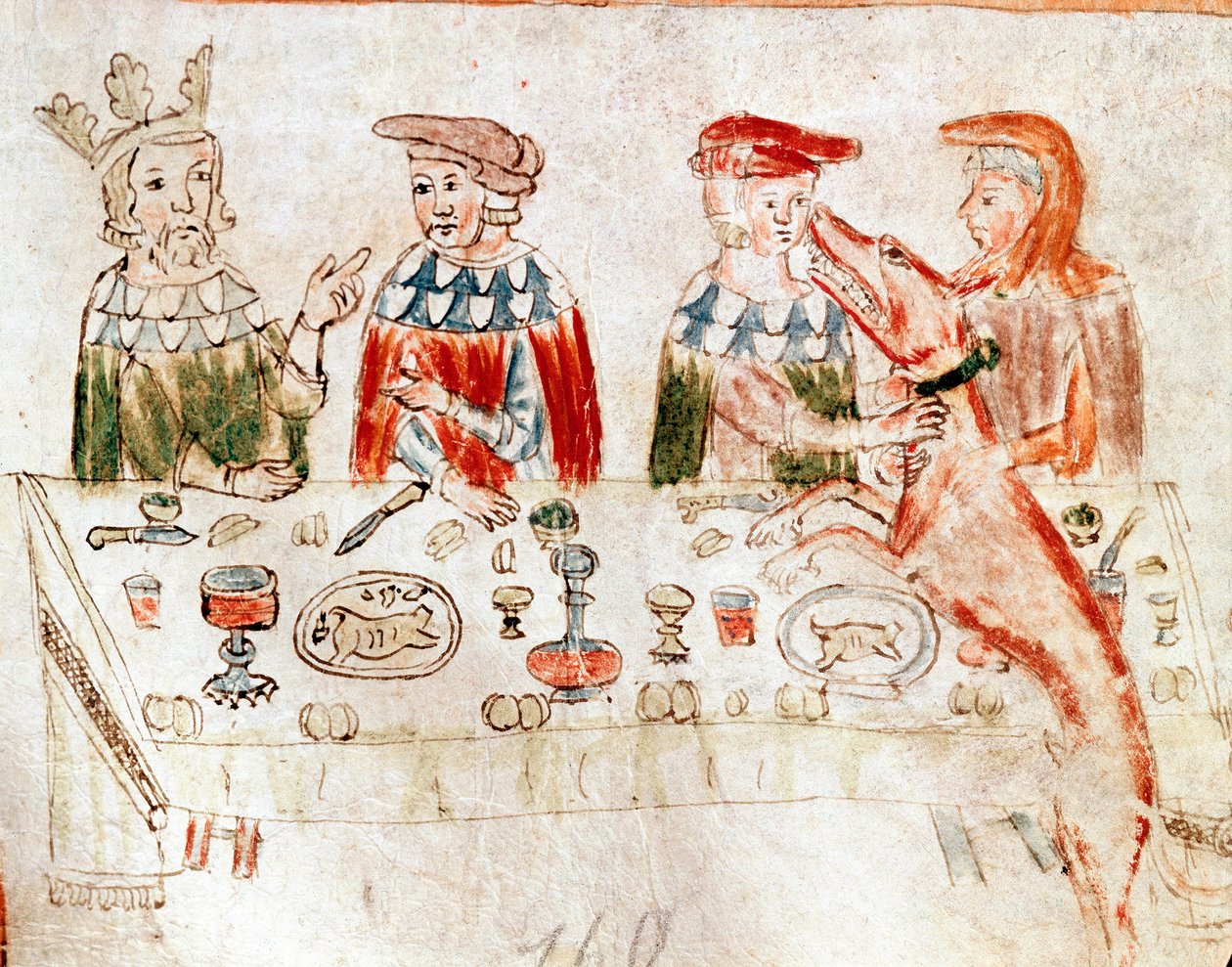 Le roi des Francs Pépin III le Bref (714-768) et son fils Charlemagne à un banquet. Miniature d