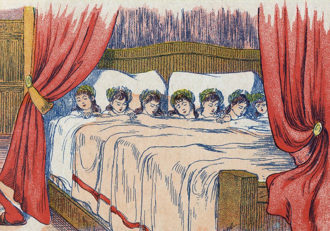 Le Petit Poucet et ses frères dorment, couronne sur la tête. Illustration pour « Le Petit Poucet », conte de Charles Perrault (1628-1703), écrivain français. Illustration anonyme. Imagerie Marcel Vagne, Jarville Nancy, fin 19e siècle. - Unknown artist