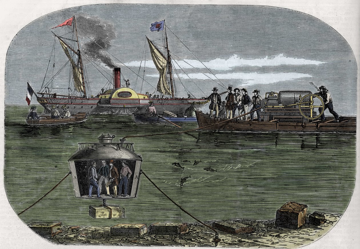La cloche de plongée « Nautilus » du Dr Antoine Prosper Payerne expérimentée dans la Seine, Paris, puis perfectionnée aux États-Unis. Gravure (1858) dans Le « Monde illustré » - Unknown artist