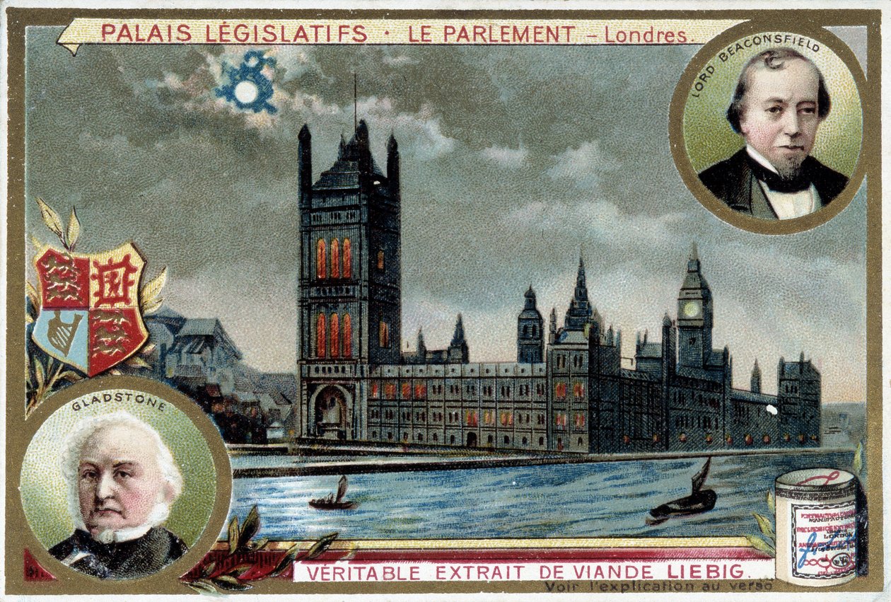 Le Palais de Westminster, ou Parlement de Londres (Angleterre), avec portraits de William Ewart Gladstone (1809-1898) et Benjamin Disraeli, Lord Beaconsfield (1804-1881) - chromolithographie Liebig - Unknown artist