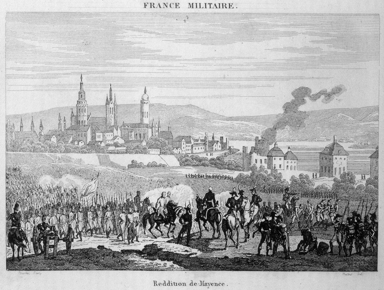 Les troupes prussiennes reprennent aux Français la ville de Mayence (ou Mainz) en Allemagne, juillet 1793. Gravure du 19e siècle - Unknown artist