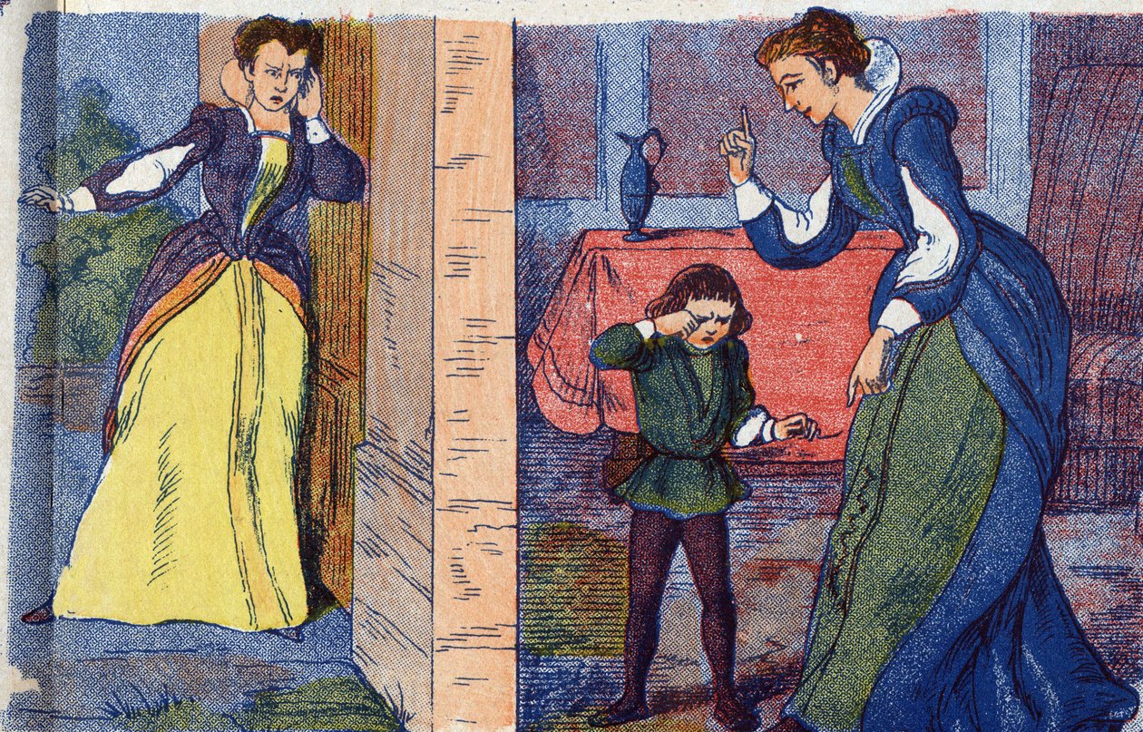 La Reine Mère découvre la retraite de la Reine et de ses enfants. Illustration anonyme pour « La belle au bois dormant », conte de Charles Perrault (1628-1703), écrivain français. Imagerie Marcel Vagne, Jarville Nancy, fin 19e siècle. - Unknown artist