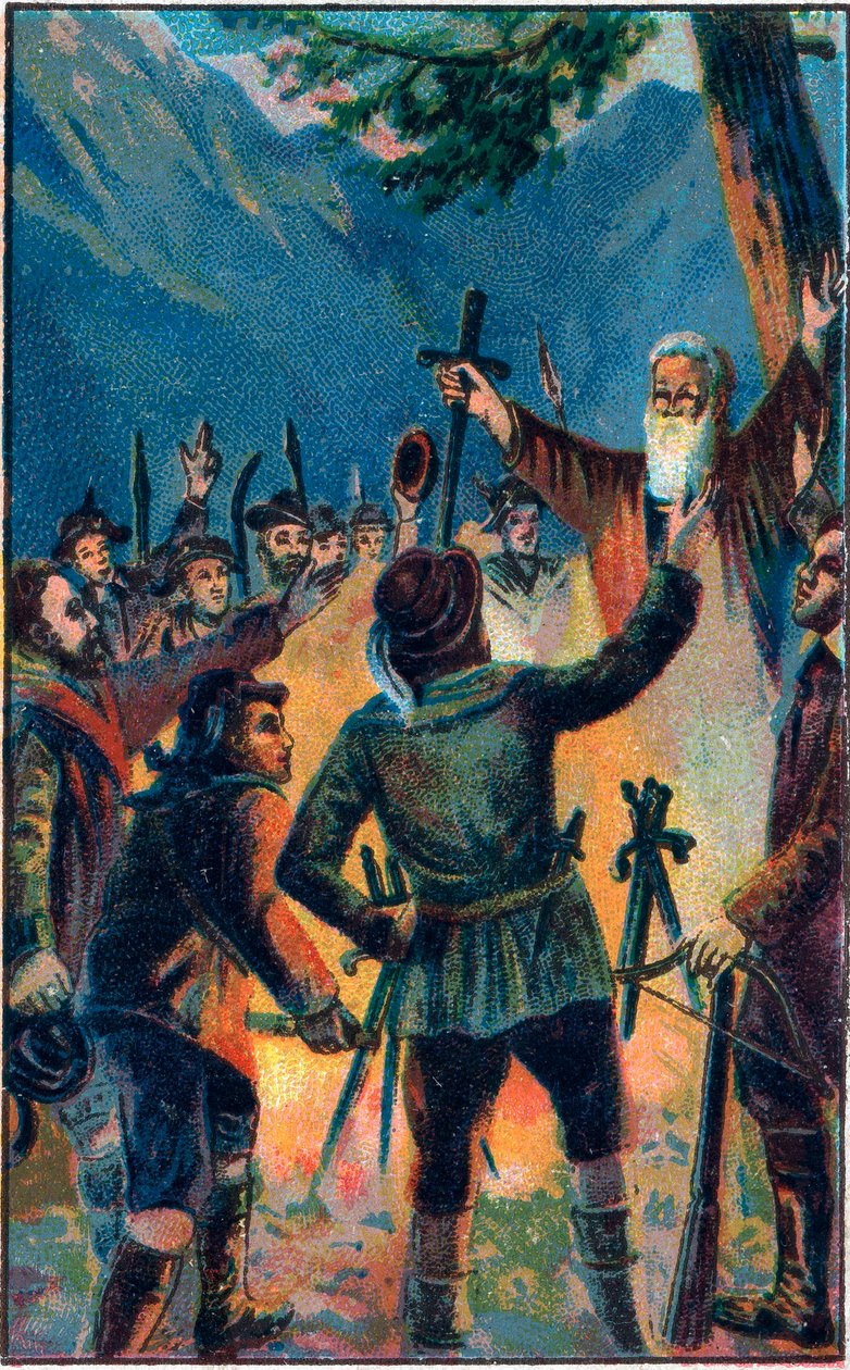 Le serment du Grütli - serment légendaire de la vieille Confédération suisse - Les trois confédérés suisses prêtant serment à Ruetli. Chromolithographie de la fin du XIXe siècle. - Unknown artist