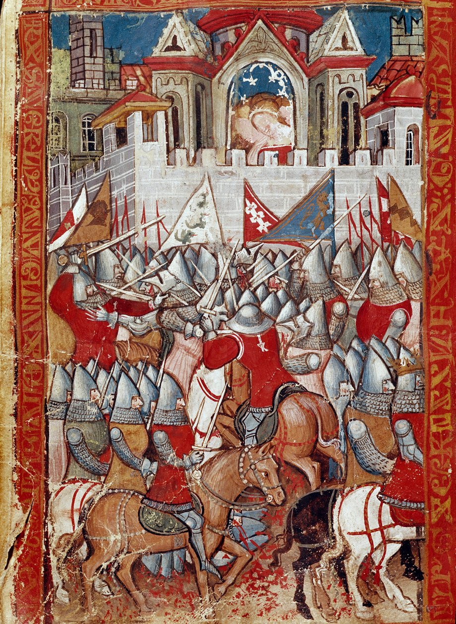 Le siège de Pampelune en Espagne par Charlemagne, victoire contre les Sarrasins. Miniature de l