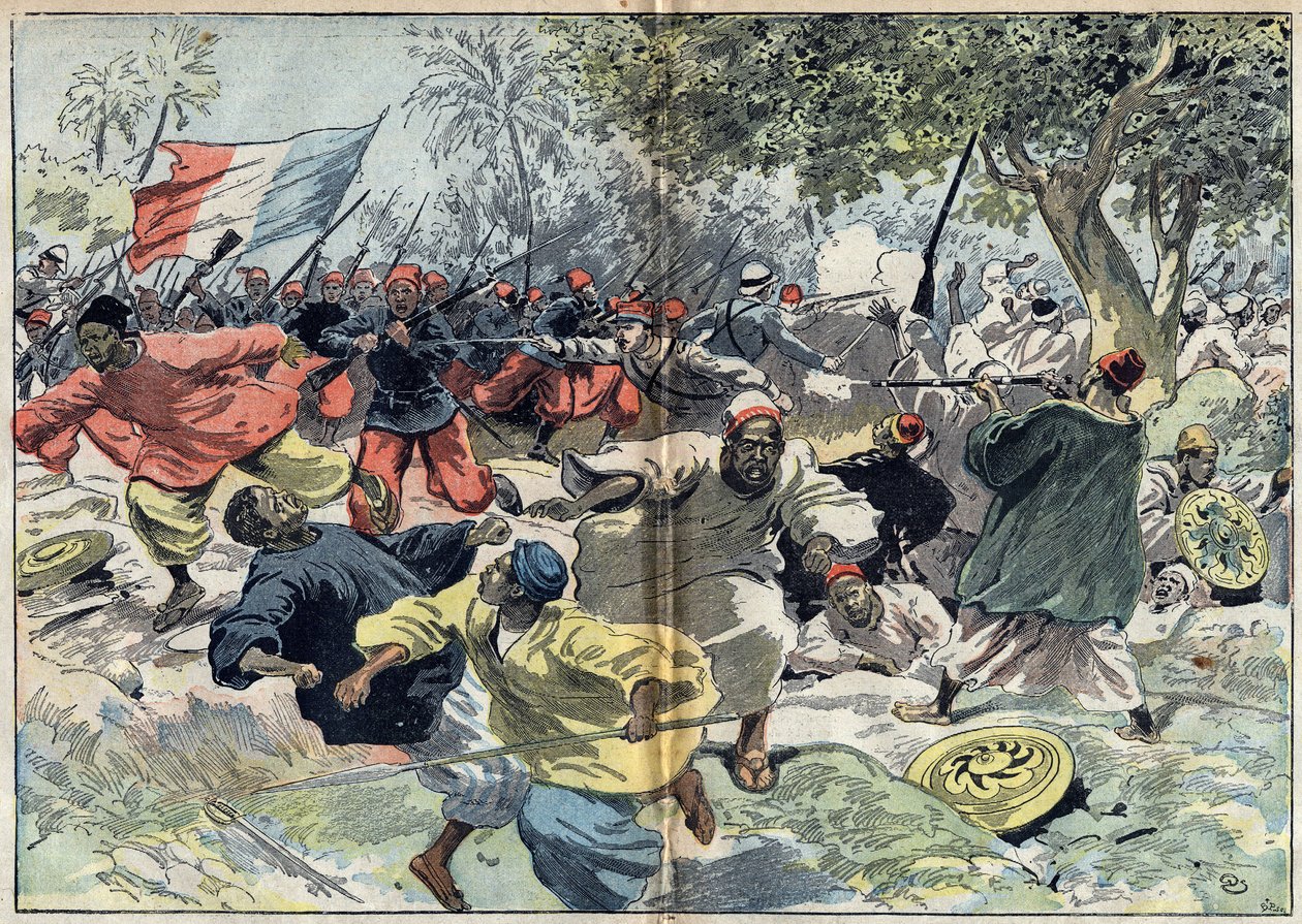 Les troupes soudanaises de Samory Touré (vers 1835-1900) étaient placées derrière les rives de la rivière Cavalby par une colonie française sous le lieutenant Walfel. Soudan, 9 septembre 1898. Illustration dans « Le Pèlerin » du 9 octobre - Unknown artist