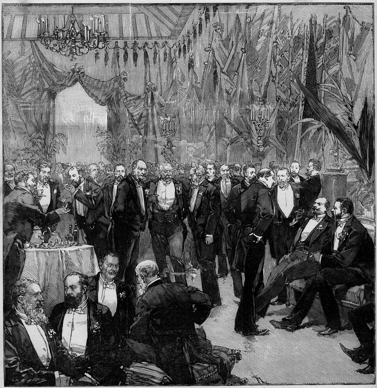 Le banquet de Suez réunit les financiers les plus importants du monde (Réunion des membres de la Commission Internationale). Gravure dans "Le Monde Illustré" - Unknown artist