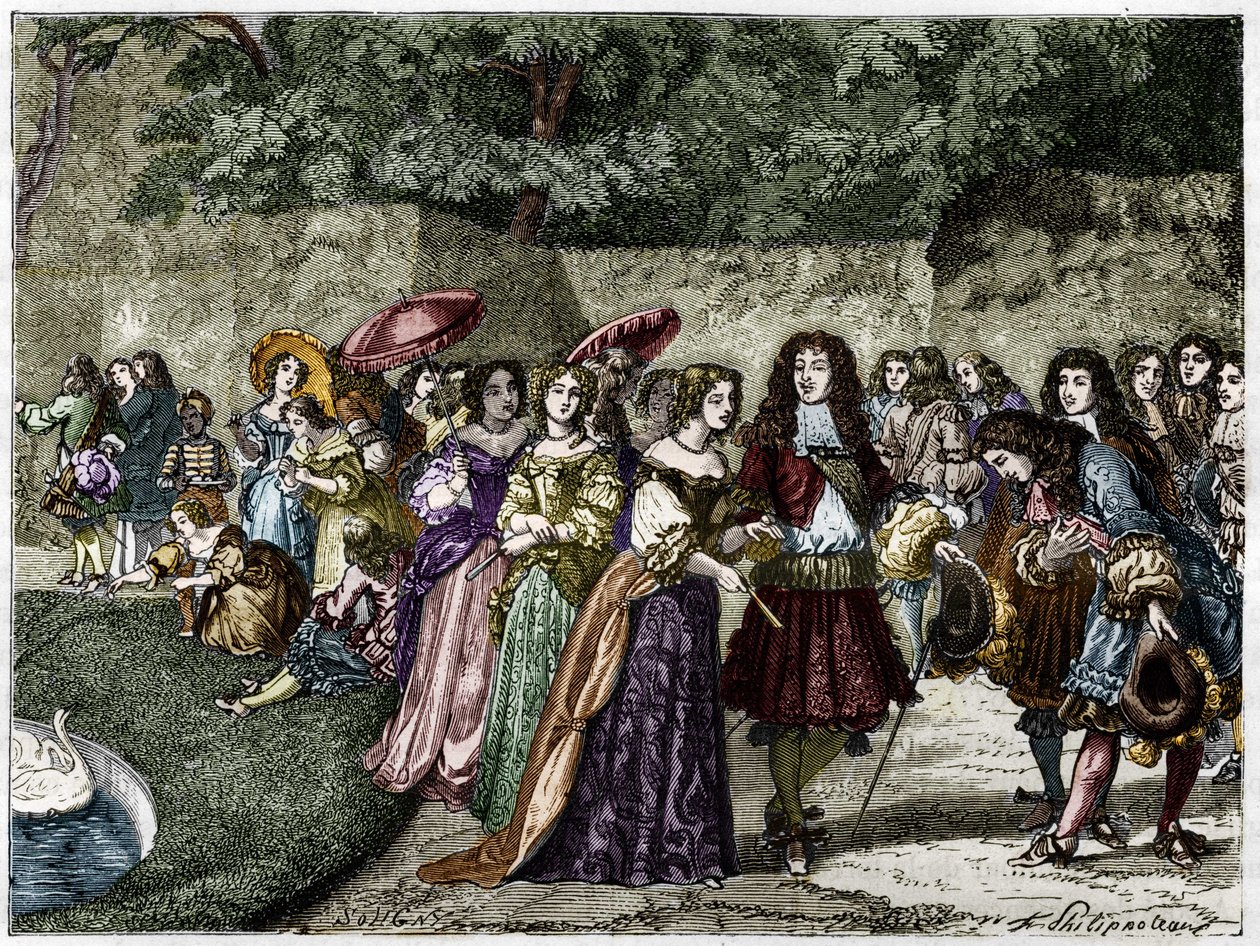 Le Roi Soleil (Louis XIV dans les jardins de Versailles entouré de sa cour). Gravure du 19ème siècle. - Unknown artist