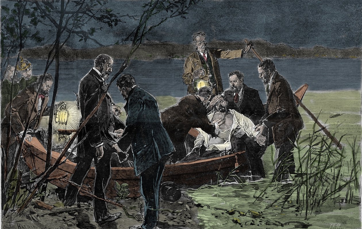 Le corps de Louis II de Bavière Wittelsbach (1845-1886) retrouvé noyé avec le Dr. Gudden dans le lac de Starnberg près du château de Berg en juin 1886. Gravure - Unknown artist