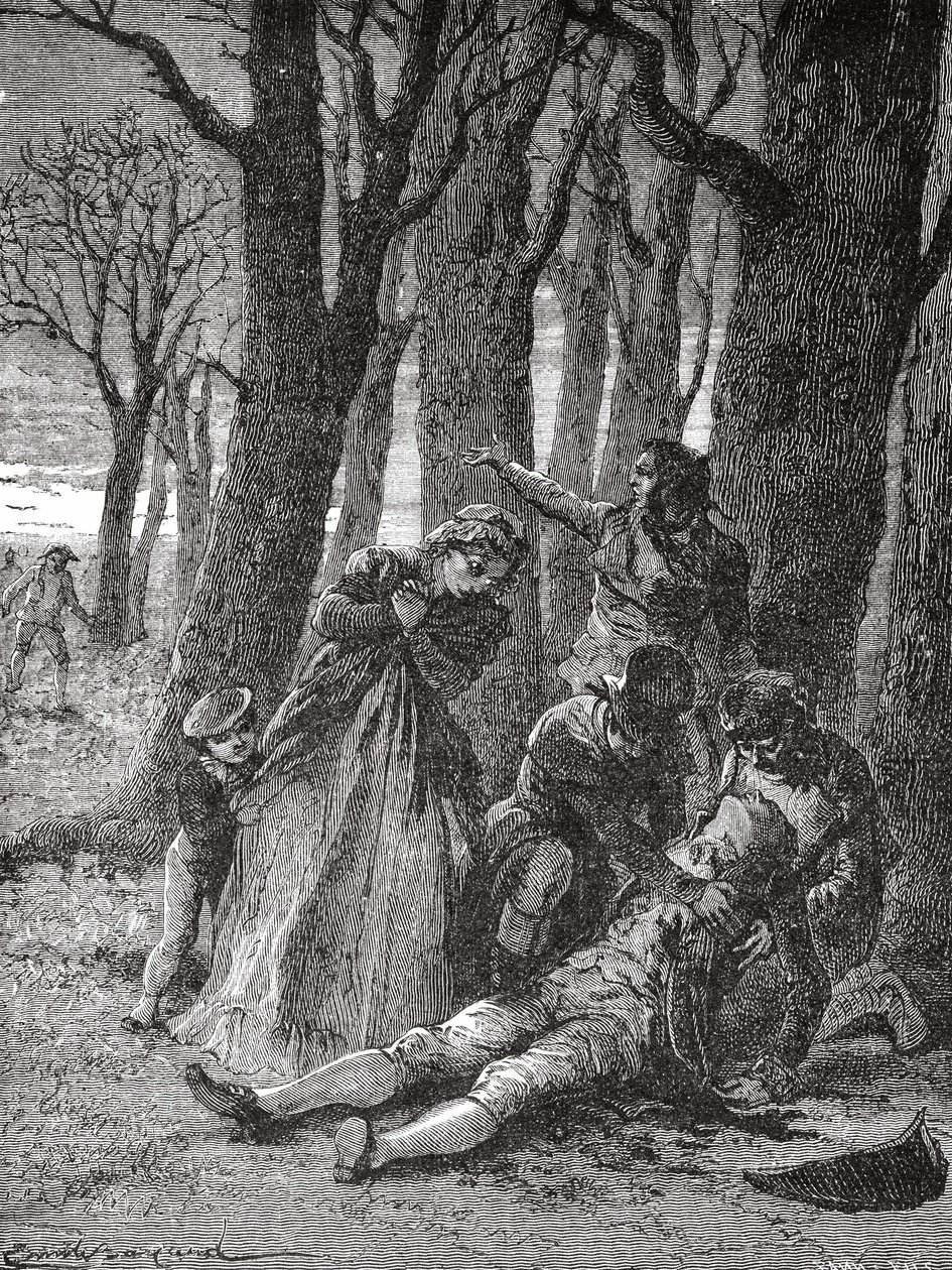 Le corps de Philippe Lebon (1769 - 1804), percé de treize coups de couteau aux Champs-Élysées, est relevé le matin du 3 décembre 1804 - dans « Album de la Science ; savants illustres ; Grandes découvertes » 1896 - Unknown artist