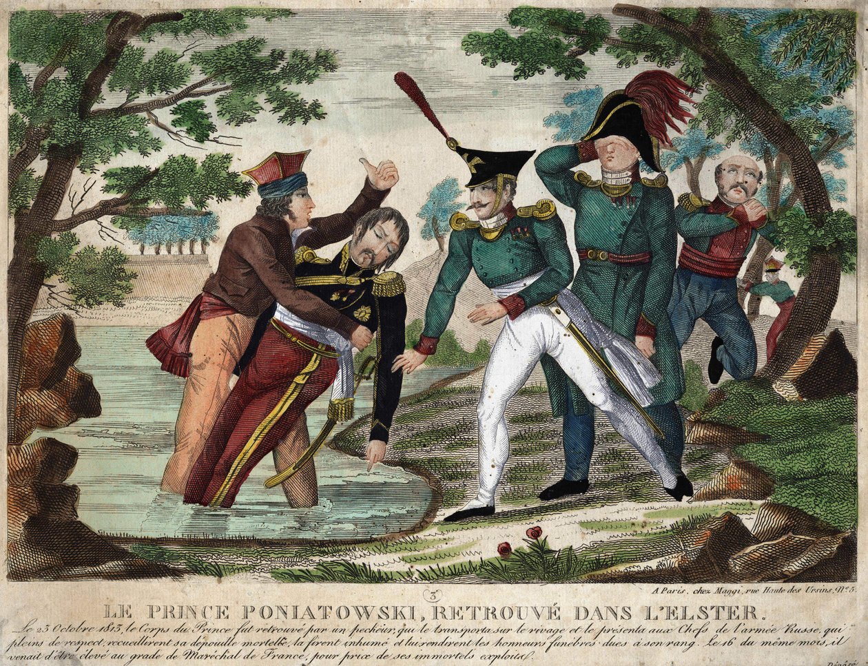 Le corps du Prince Joseph (Jozef) Antoni Poniatowski (1763) trouvé dans la rivière Eelster le 23 octobre 1813, gravure de l