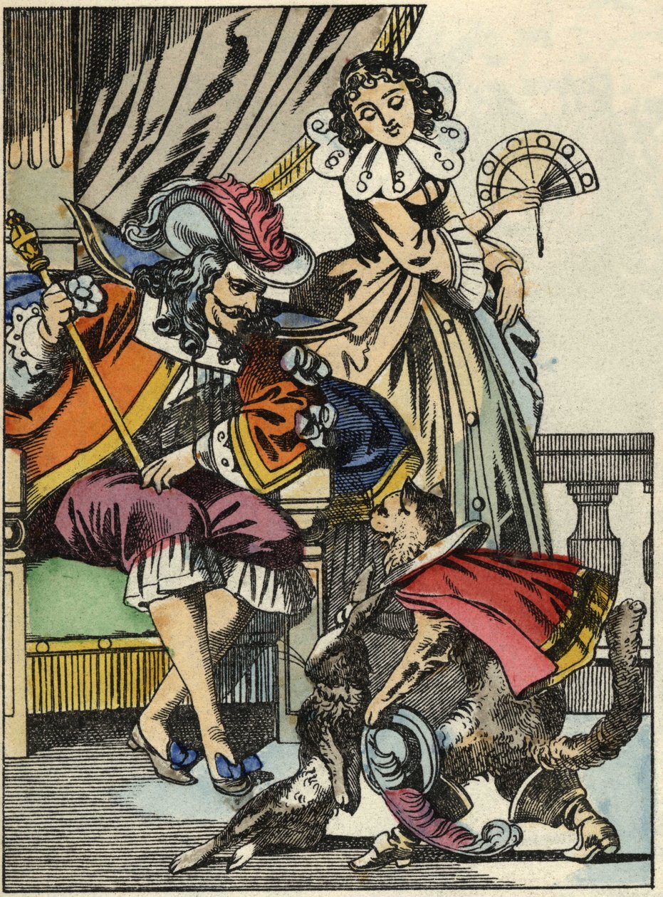 Le Chat botté offre le lapin au roi de la part de son maître, le marquis de Carabas. Illustration du conte "Le Chat botté" de Charles Perrault - Unknown artist