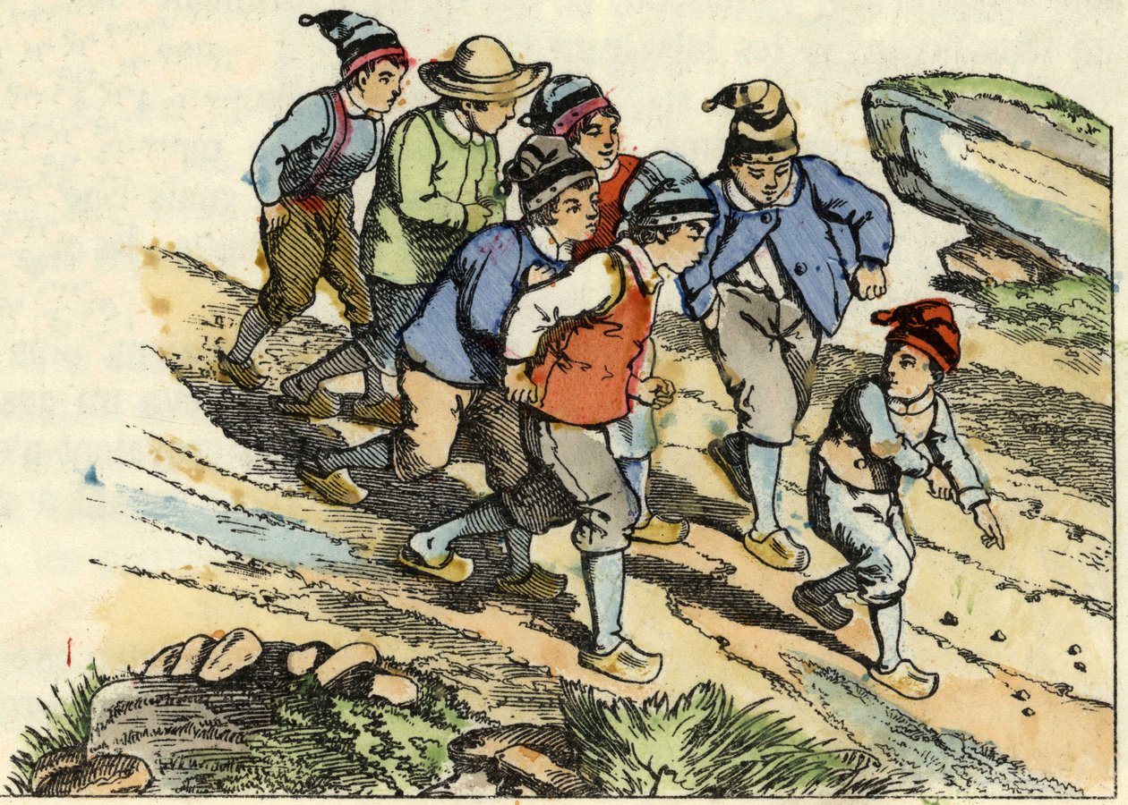 Les frères suivent le Petit Poucet qui a semé des cailloux blancs sur le chemin. Illustration du conte « Le Petit Poucet » de Charles Perrault - Unknown artist