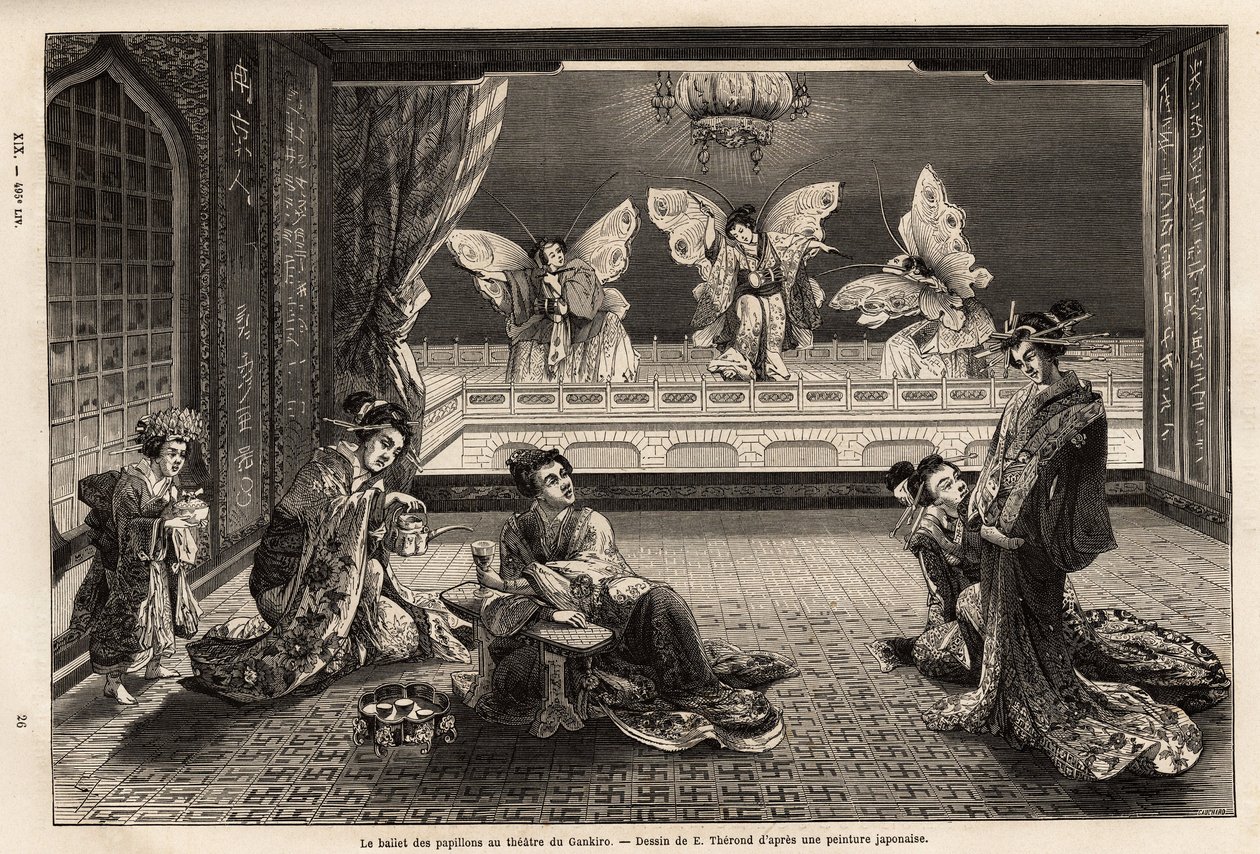 Le ballet des papillons au théâtre Gankiro, dans le quartier des plaisirs de Miyozaki à Yokohama. Gravure pour illustrer le voyage au Japon, par Aimé Humbert, ministre de la Confédération suisse, en 1863-1864, publié dans « le tour du monde », sous la dire - Unknown artist