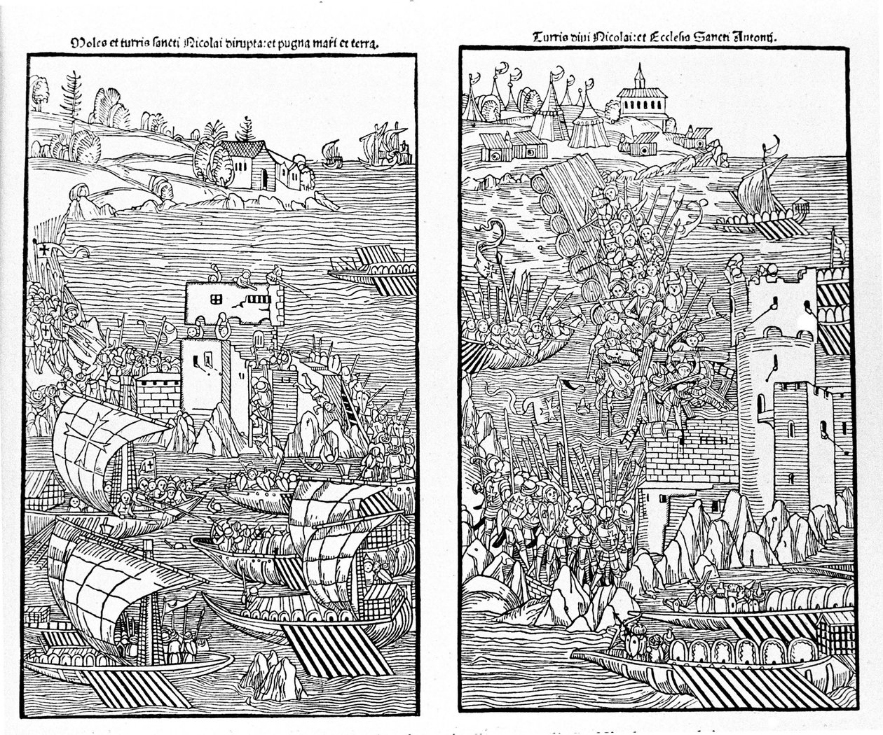 La prise de Rhodes par les Turcs en 1522. Les Turcs attaquent la forteresse de Saint-Nicolas. Xylographie. - Unknown artist