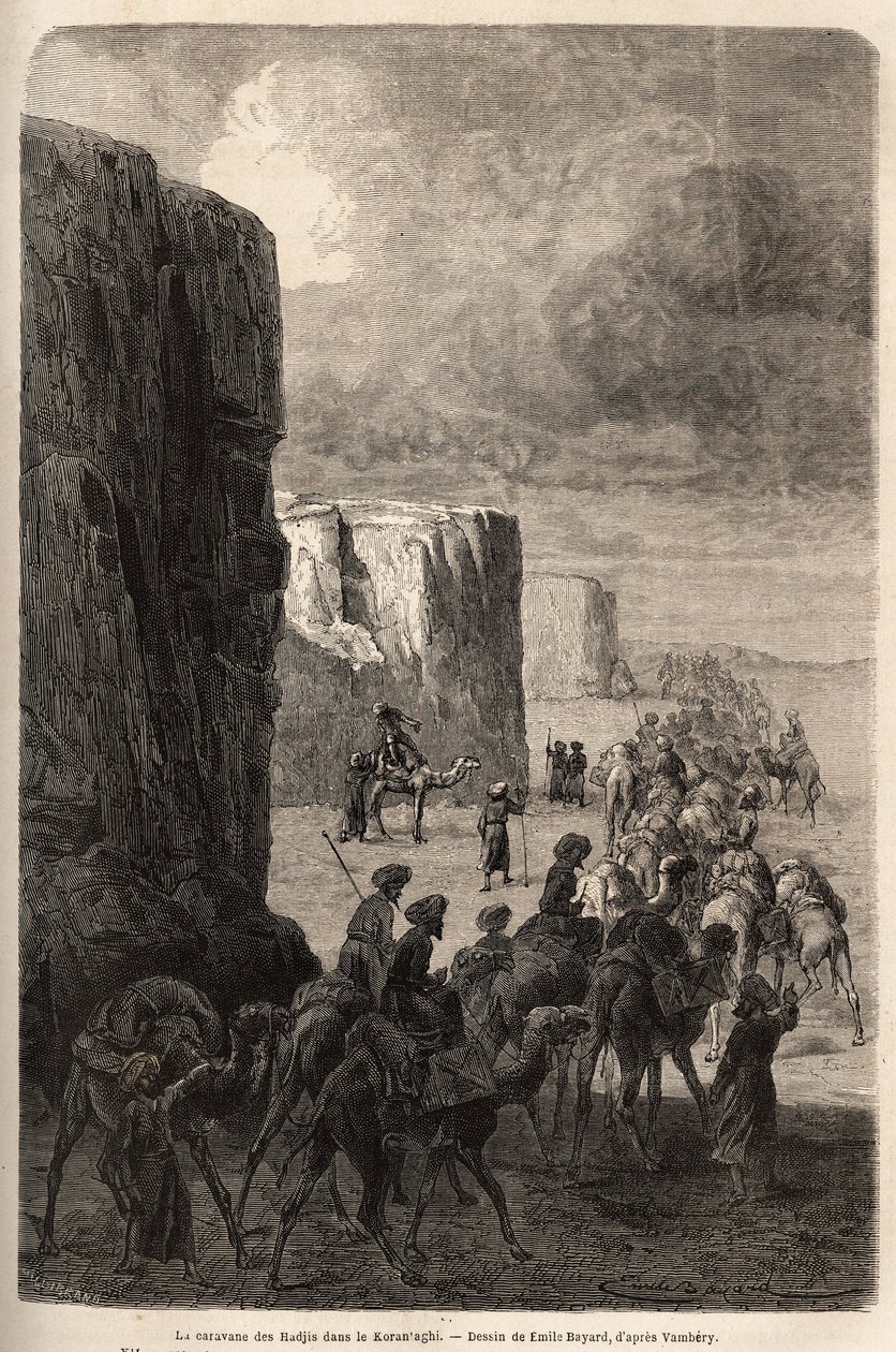 La caravane des Hajis (pèlerins musulmans) à Korantaghi (Perse, Iran). Dessin d