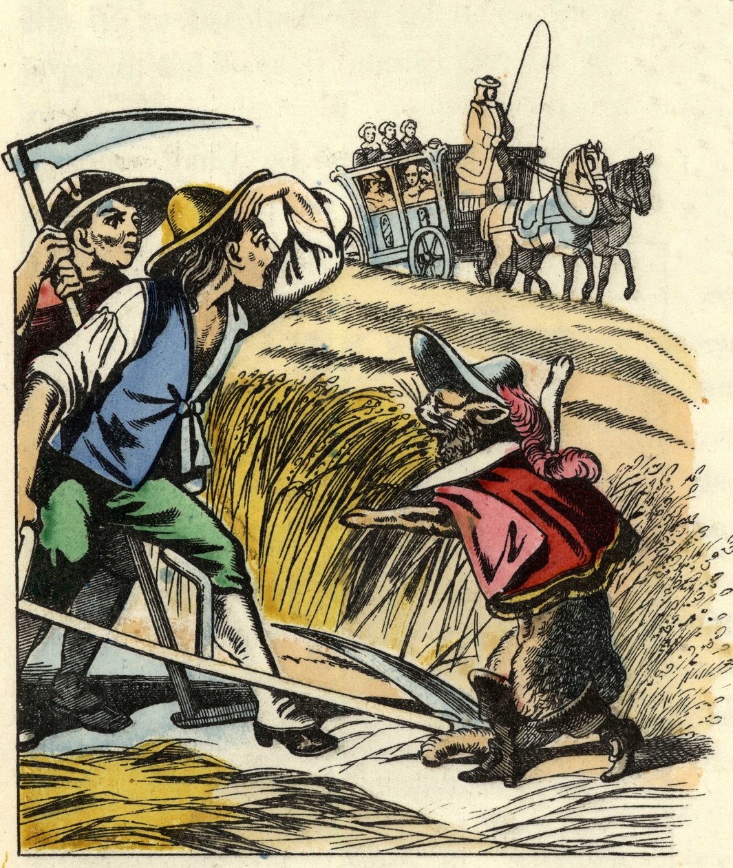 Le chat force les paysans à dire que le champ où ils moissonnent le blé appartient au Marquis de Carabas. Illustration du conte « Le Chat botté » de Charles Perrault - Unknown artist