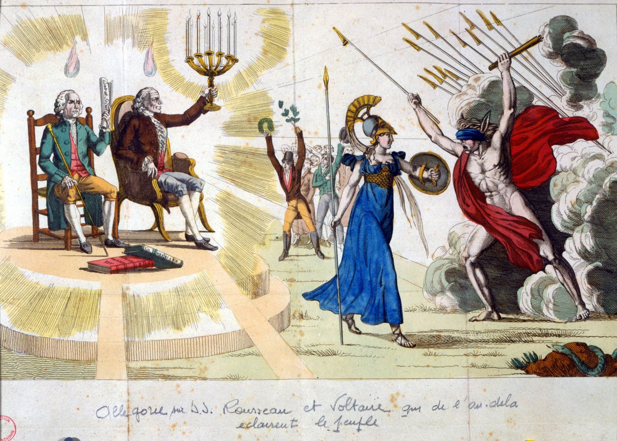 Le siècle des Lumières : les philosophes Jean-Jacques Rousseau et Voltaire, du passé, éclairent le peuple - allégorie - Unknown artist