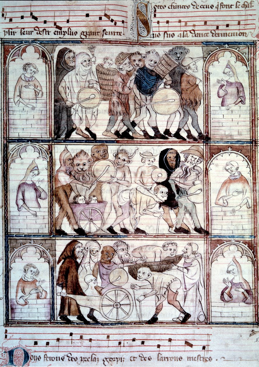La fête du charivari pour le mariage de Fauvel. Procession de musiciens et de travestis. Miniature du manuscrit "Le roman de Fauvel" de Gervais du Bus - Unknown artist