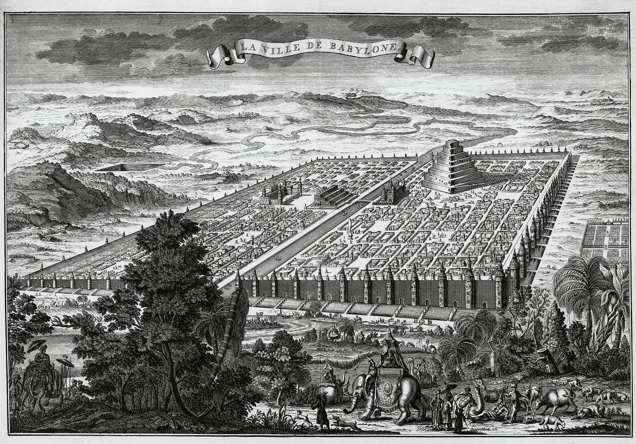 Les murs de la ville de Babylone entourant les jardins suspendus et la tour de Babel - Unknown artist