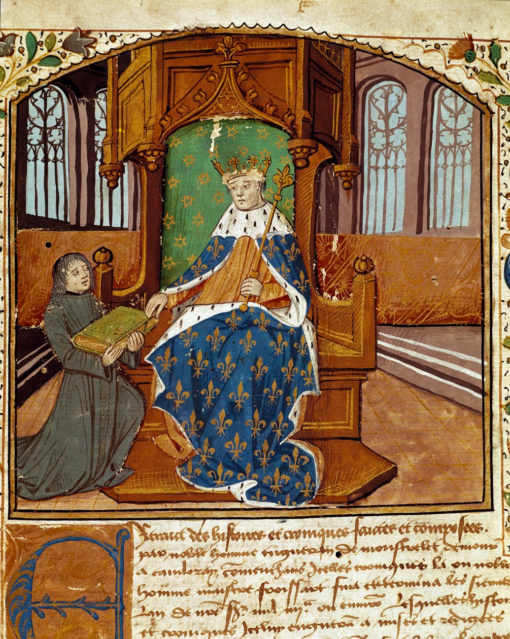 Le chroniqueur Enguerrand de Monstrelet (1400-1453) offre son livre au roi Charles VII (1403-1467) Miniature des Chroniques d