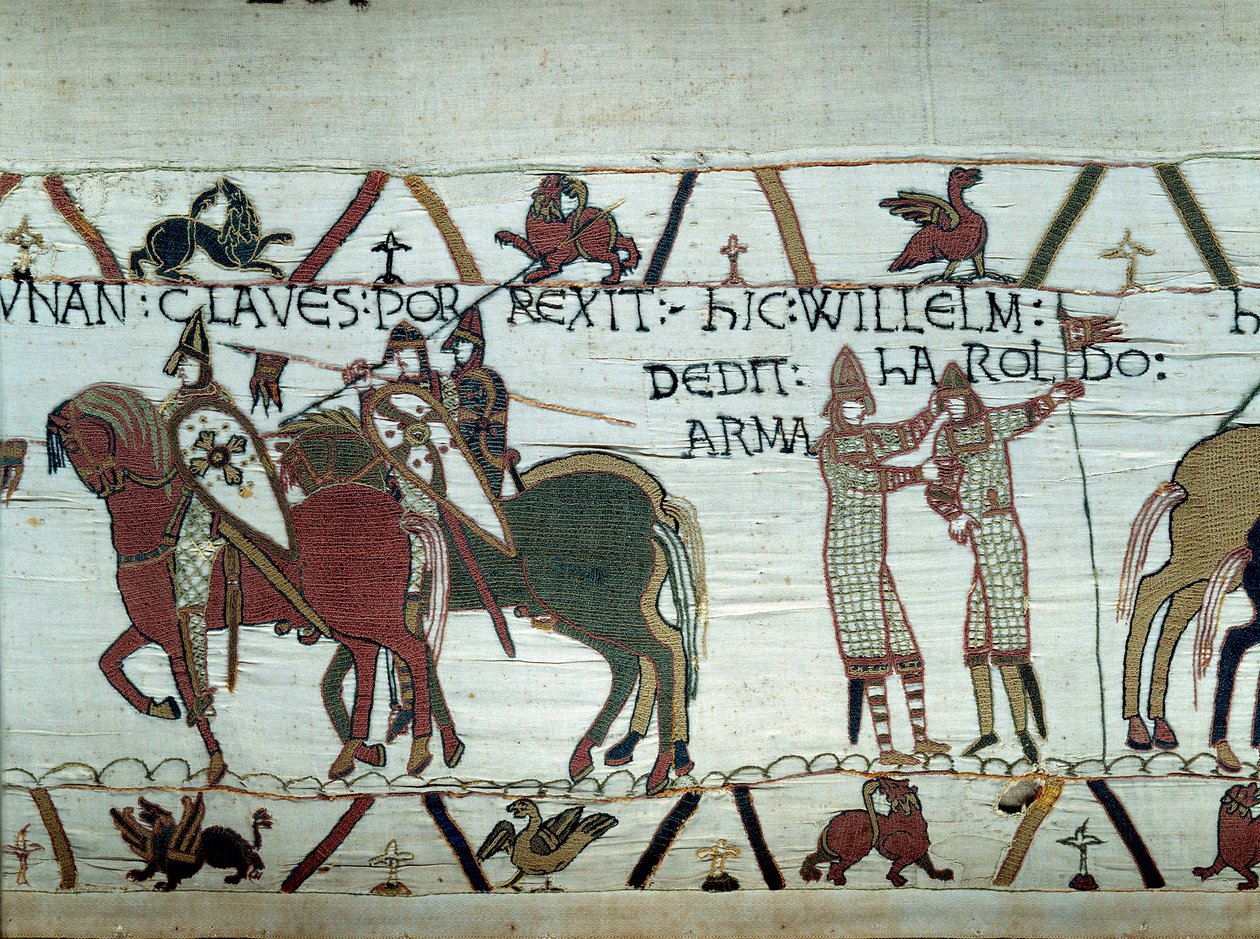 La conquête de la Bretagne par le duc de Normandie Guillaume le Conquérant (1027-1087) : à gauche le duc reçoit les clés de la ville de Dinan, à droite il fait chevalier Harold, envoyé par le roi anglais Édouard le Confesseur (détail de la tapisserie de Ba - Unknown artist
