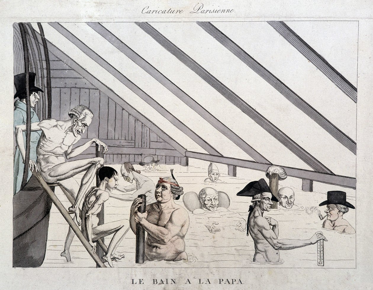 Le bain du papa : caricature sur les piscines à Paris - Unknown artist