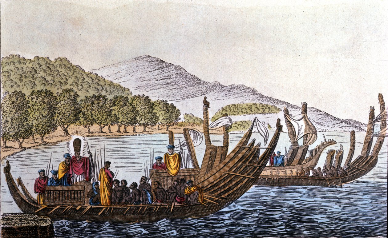 Le départ des Polynésiens pour le Pacifique à bord de pirogues à double coque. Lithographie du début du 19ème siècle - Unknown artist