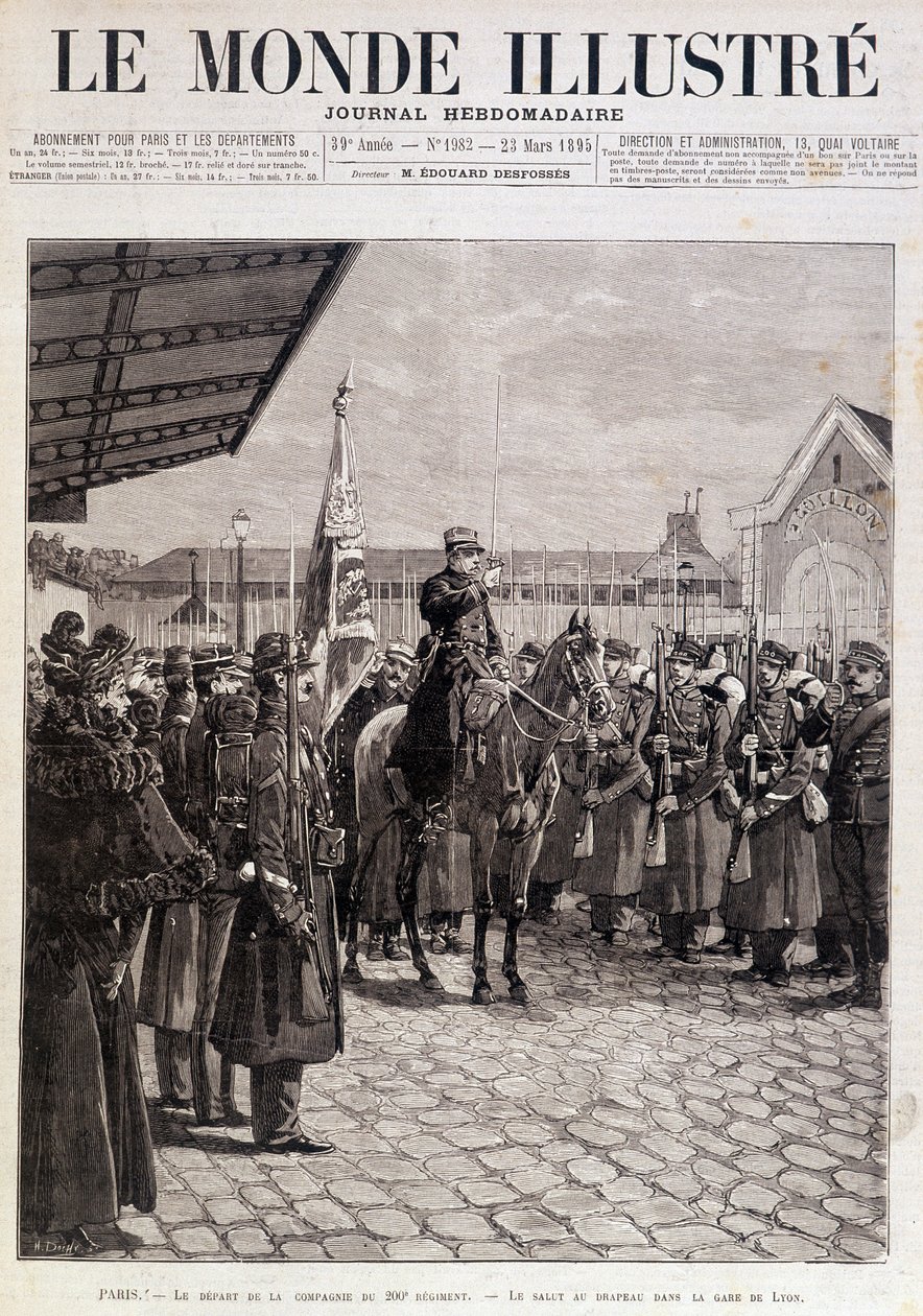 Le départ de la compagnie du 200e régiment. Salut au drapeau à la gare de Lyon. « Le Monde Illustré ». 23/03/1895. Dessin - Unknown artist