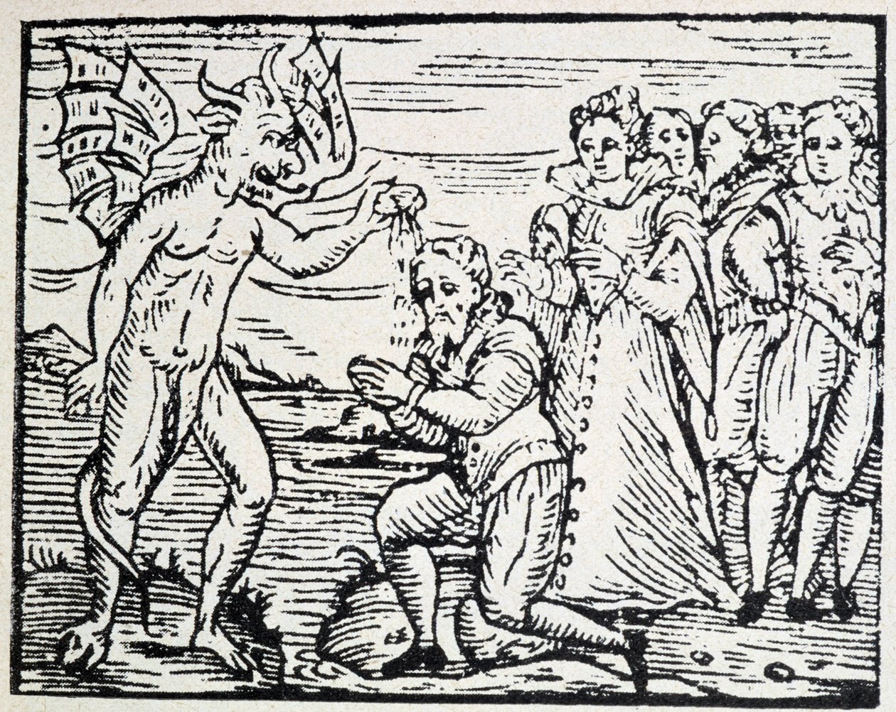 Le diable baptisant des hommes et des femmes en prière - gravure - Unknown artist
