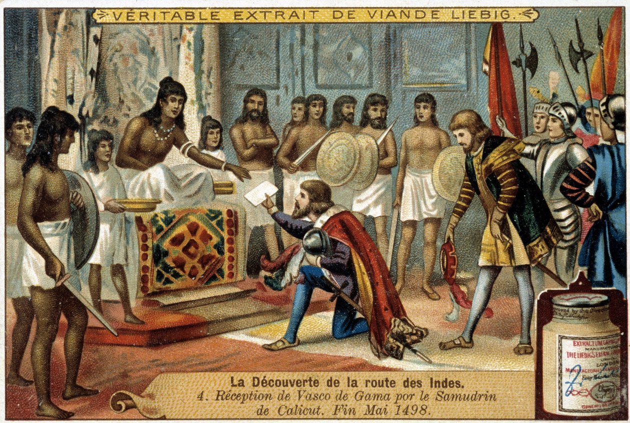 La découverte de la route des Indes : Réception de Vasco de Gama par le Samudrin de Calicut, fin mai 1498 - vignette publicitaire Liébig - Unknown artist