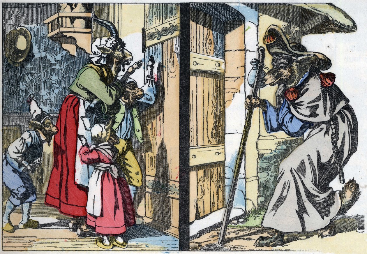 Le loup déguisé frappe à la porte de la maison avec la chèvre et les biquets. Illustration du conte « Compère le Loup, Maître Renard, Commère la Chèvre et ses petits biquets » d