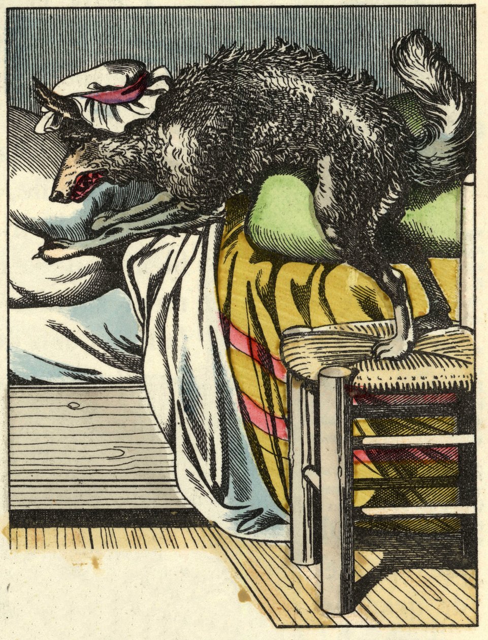 Le loup déguisé prend la place de la grand-mère dans le lit. Illustration du conte "Le Petit Chaperon Rouge" de Charles Perrault - Unknown artist
