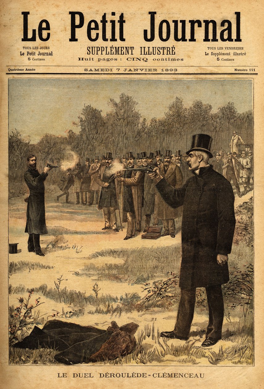 Le duel au pistolet (interdit en France depuis 1626) entre les députés Paul Déroulède (1846-1914) et Georges Clemenceau (1841-1929), sans blessure. Gravure dans « Le petit journal » 7/01/1893. Collection Selva. - Unknown artist