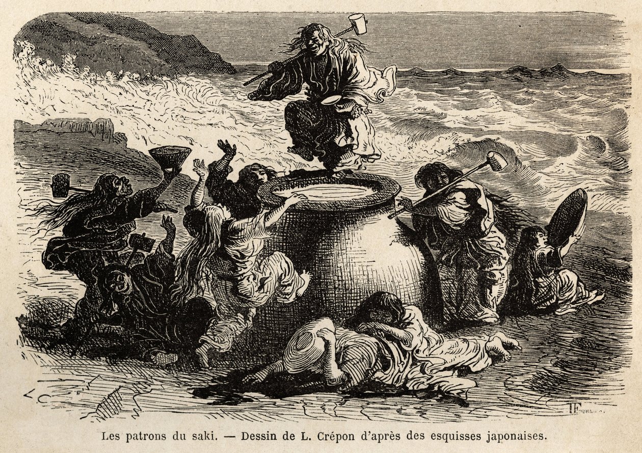 La famille des inventeurs du saké, composée de parents et de leurs huit enfants, patrons collectifs de la brasserie, ils vivent sur la côte du grand Océan, portent une ceinture de feuilles de chêne et une longue chevelure rousse qui les couvre jusqu