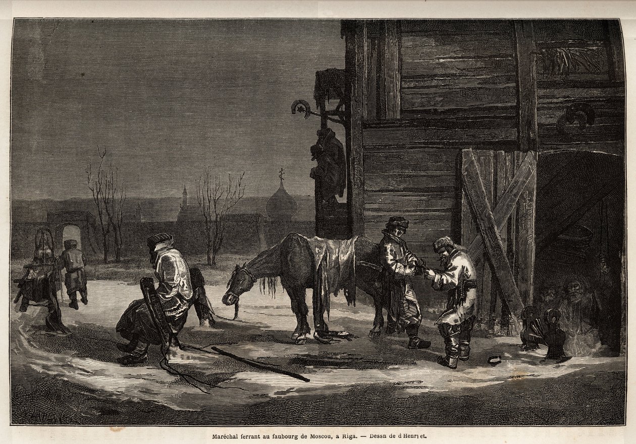 Le maréchal ferrant, dans la banlieue de Moscou. Dessin de Henriet, pour illustrer son voyage dans les provinces baltes russes en 1851-54. Gravure dans « Le tour du monde », édité par Edouard Charton - Unknown artist