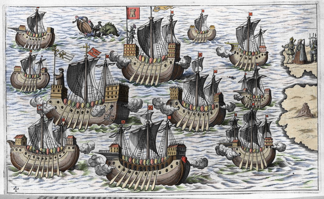La flotte de Christophe Colomb (Cristoforo Colombo) pour conquérir le nouveau monde - dans « Nova Tipus Transacto Navigatio Novi Orbi » par Philoponus Honorius - Unknown artist