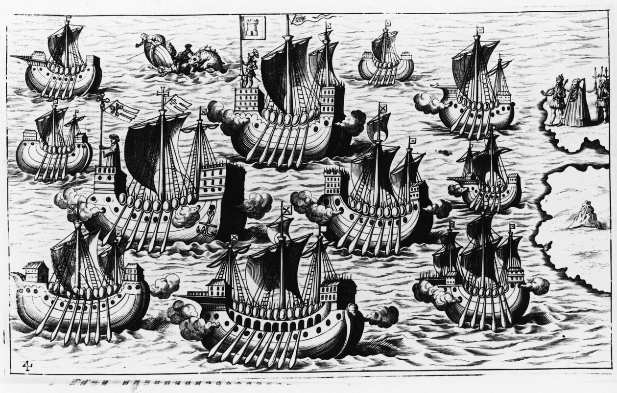 La flotte de Christophe Colomb pour conquérir le nouveau monde - dans « Nova Tipus Transacto Navigatio Novi Orbi » par Philoponus Honorius. - Unknown artist