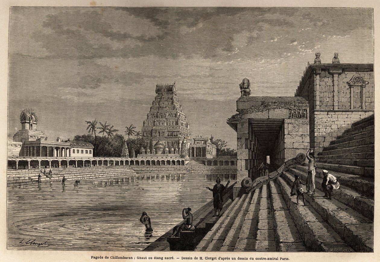 Le ghaut ou étang sacré de la pagode de Chillambaran, situé sur le golfe du Bengale, près de Pondichéry (Inde) ; quelques fidèles descendent l