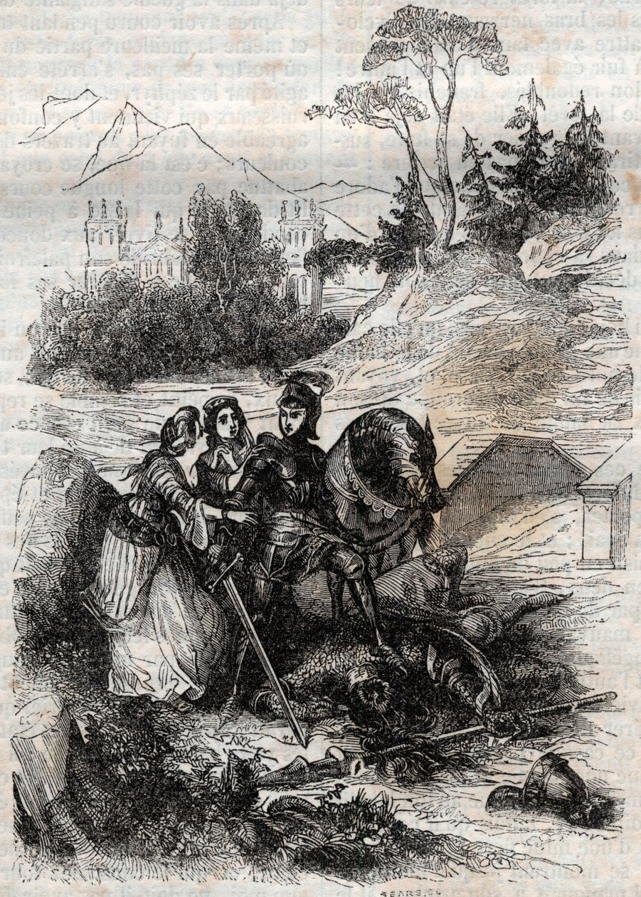 Le géant Ériphile vaincu par Roger (Ruggero, Ruggiero) - gravure de 1851 de « Roland furieux » (Orlando furioso) (16e siècle) par Ludovico Ariosto, connu sous le nom d